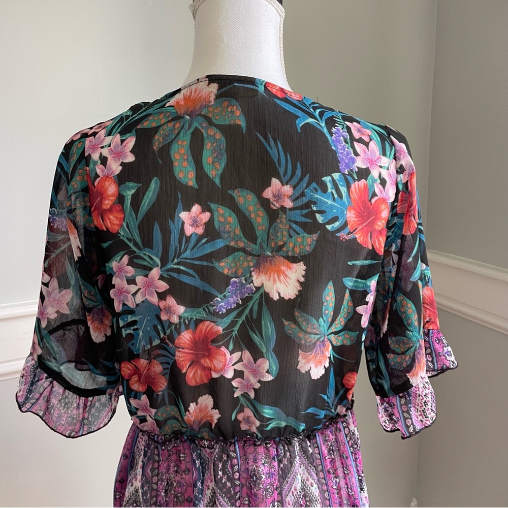 Tru Self Sheer Tropical Floral Kimono Blouse w/ Black Lace Trim – Size Small - Picture 7 of 9